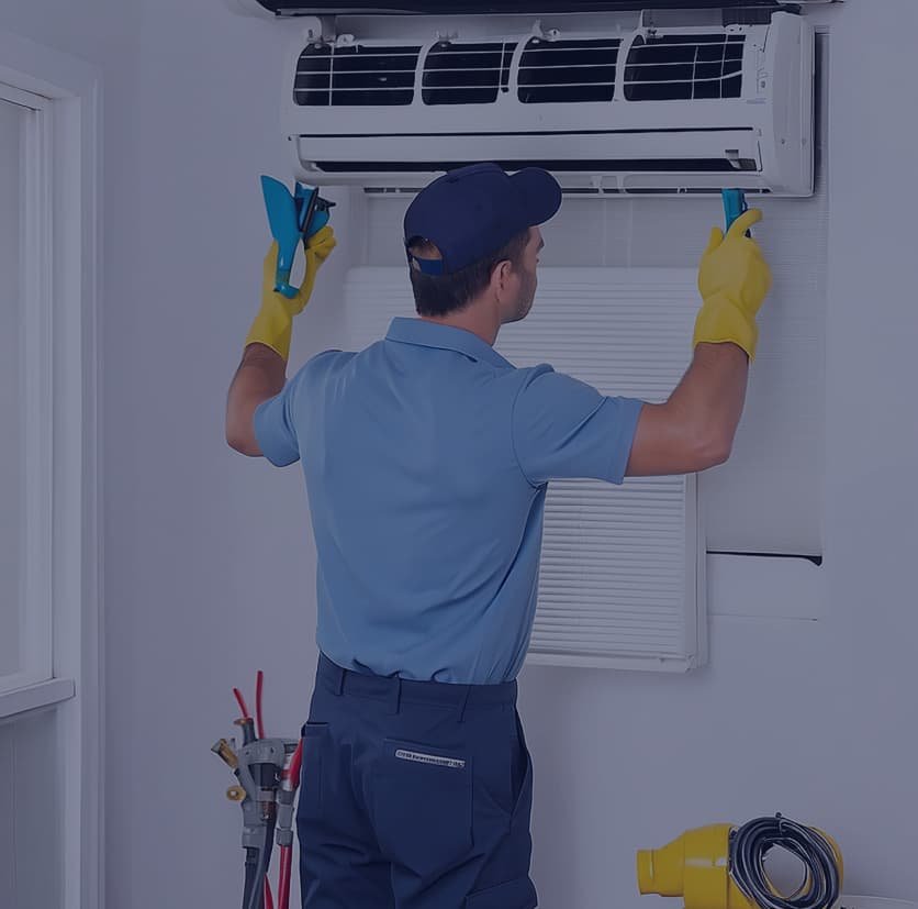 Tecnico durante la sanificazione di un condizionatore Ferroli a Roma